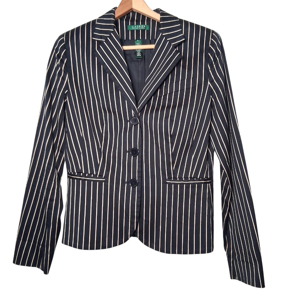 Lauren Ralph Lauren Blazer Women 4 Black Tan Striped Classic Preppy Cotton Silk